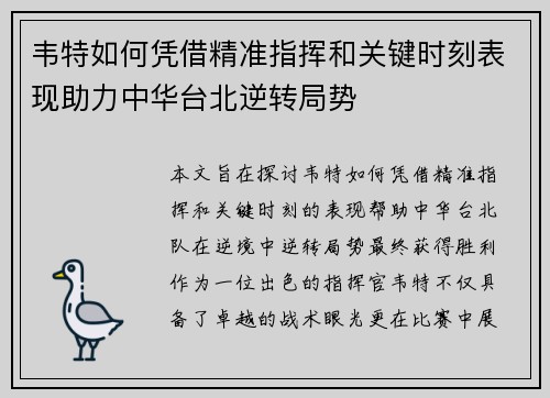 韦特如何凭借精准指挥和关键时刻表现助力中华台北逆转局势