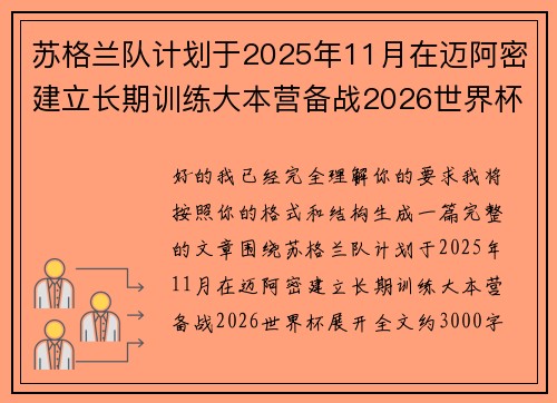 苏格兰队计划于2025年11月在迈阿密建立长期训练大本营备战2026世界杯